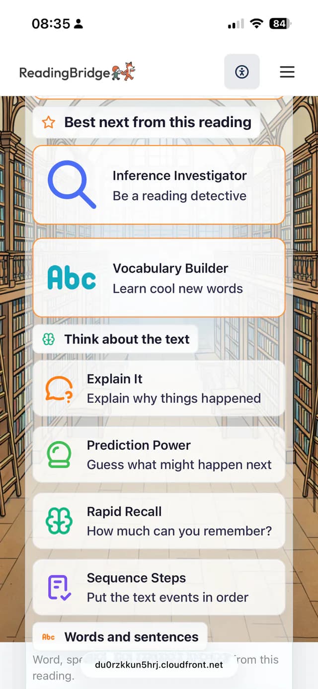 Comprehension activity menu