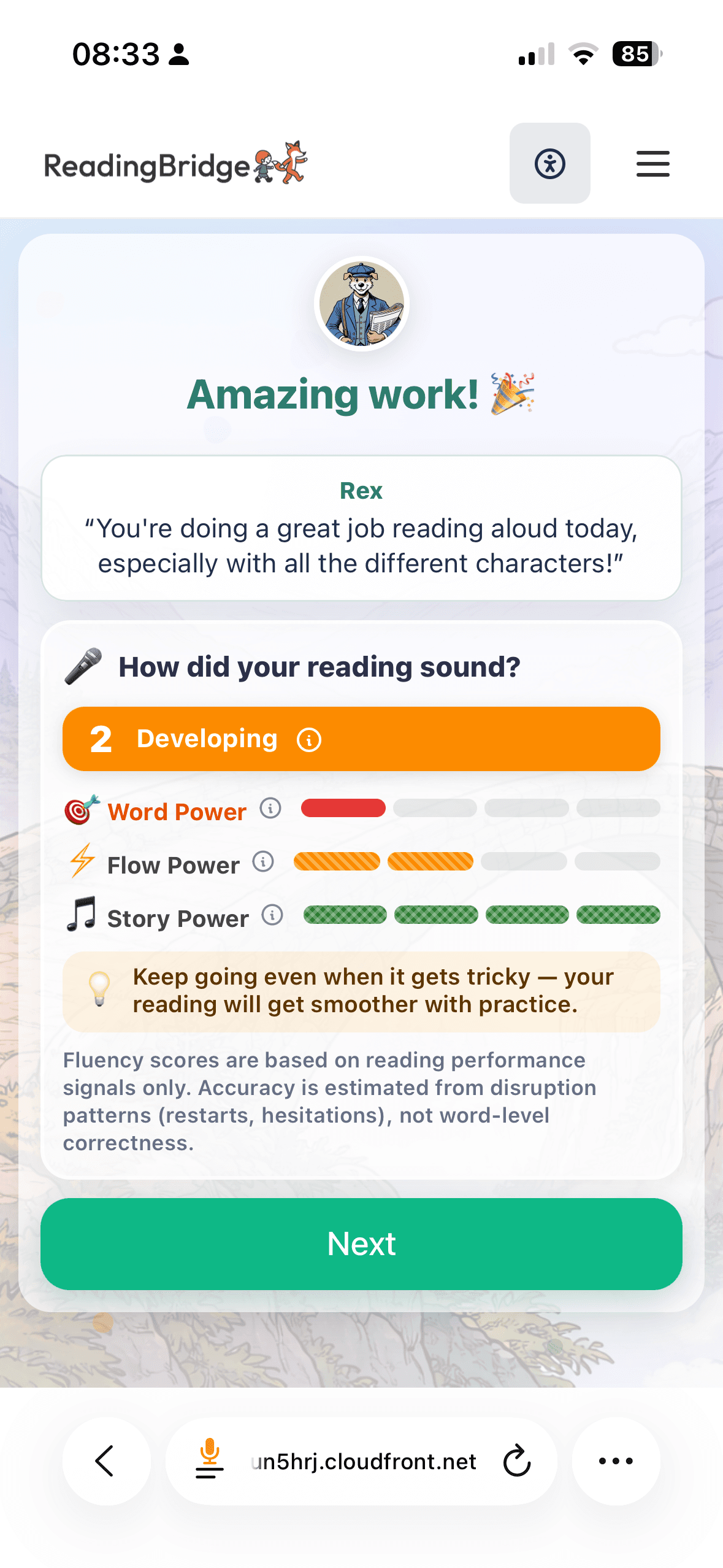 Fluency feedback screen